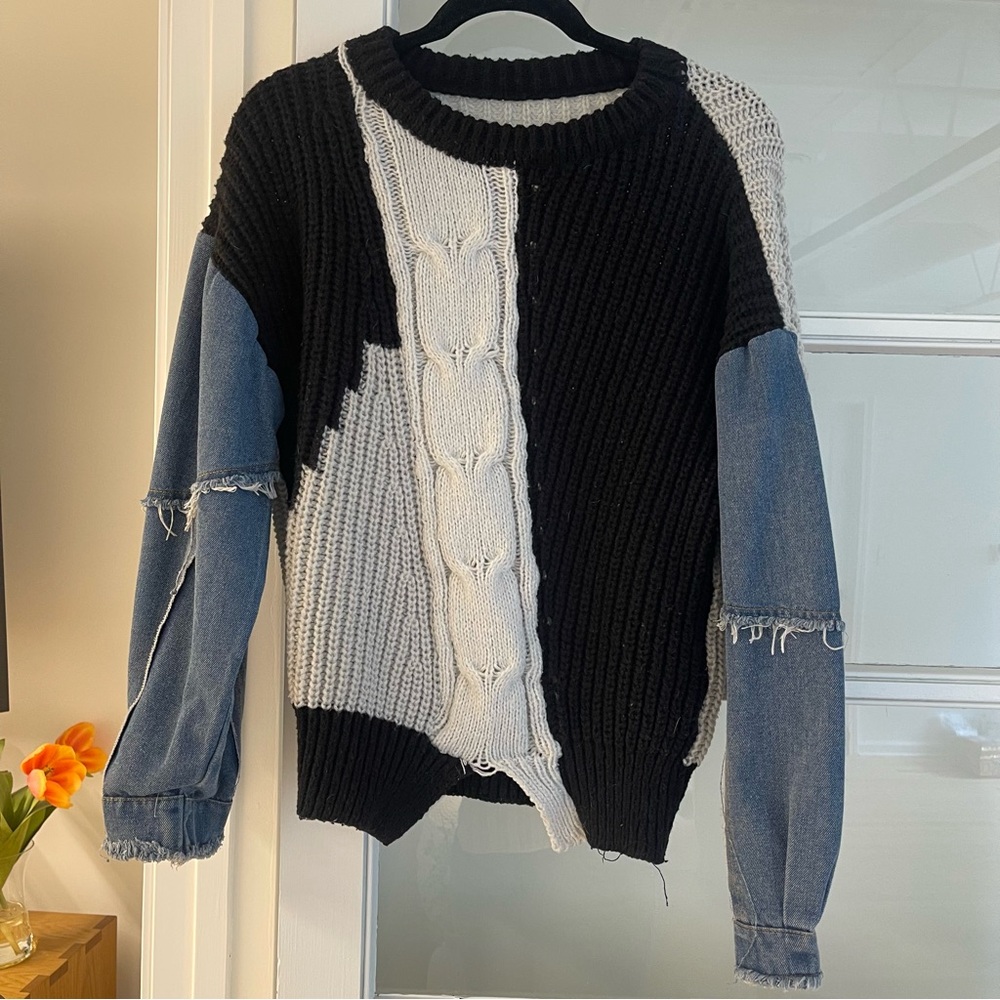 Colorblock Sweater with Denim Sleeves
